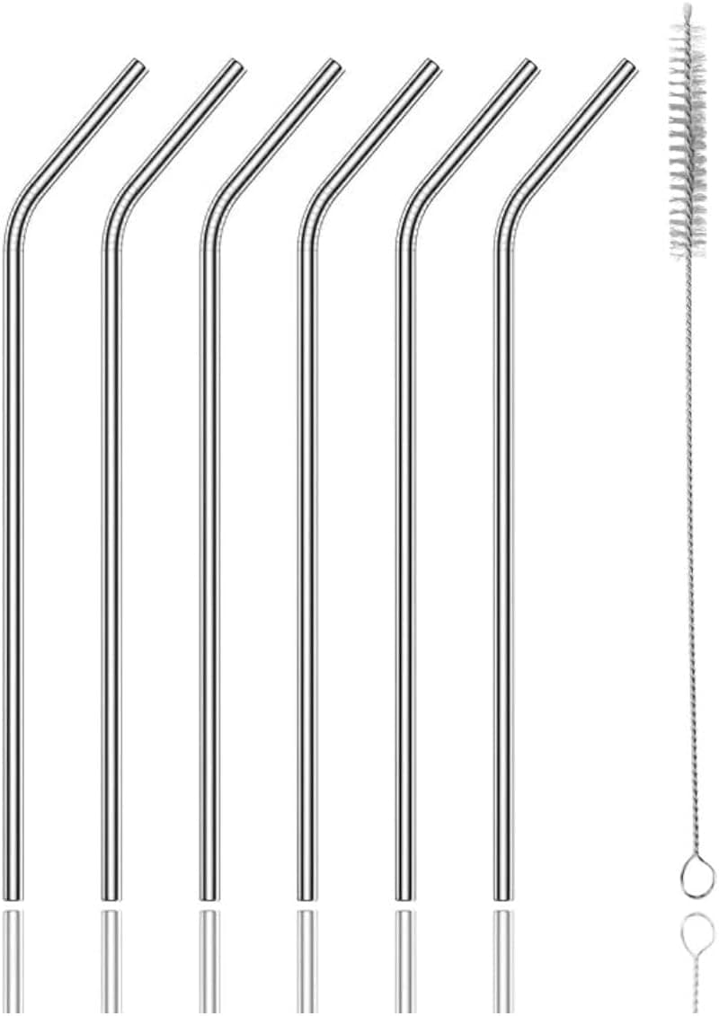 Kit De Canudos Em Inox 7 Peças 21cm Com 6 Canudos E Uma Escova Para Higienização Limpeza Reutilizável Ecológico Para Sucos E Coquetéis